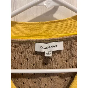 Anthro Calligraphie Womens Striped Puff Sleeve Cardigan Brown Yellow Pointelle L thumbnail 4