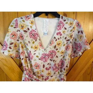 Sadie & Sage Cream Pink Floral Short Sleeve Faux Wrap Mini Dress Size Small (746 thumbnail 2