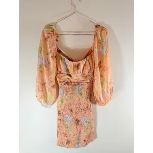 Selfie Leslie Mini Dress‎ Size M Apricot Floral Smocked Puff Sleeve Tie Back thumbnail 4
