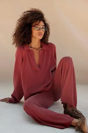 NEW Free People Drea Sweater & Flare Leg Pants Set - Dusty Rose, Sz M thumbnail 1