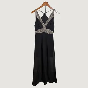 BCBGeneration Black Lace Trim T-Strap Back Chiffon Maxi Dress Size 4 thumbnail 9
