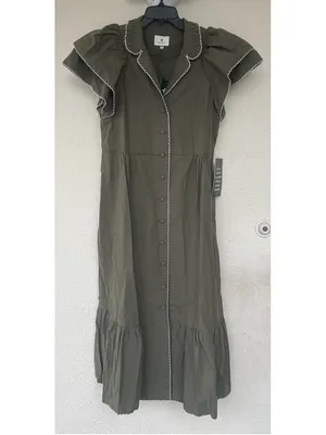 Tuckernuck Olive Green Alice Button Front Midi Dress Collar V Neck Scallop S thumbnail 7