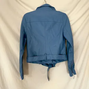 NWT Lock & Love Blue Faux Leather 1984 Motorcycle Belted Cropped Jacket S thumbnail 4