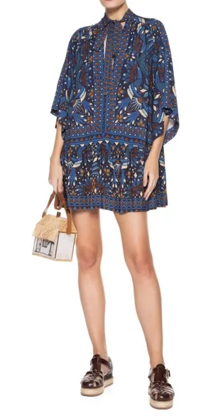 Farm Rio Tropical Magic Blue Patterned Tie-Neck Women’s Dress Size Medium thumbnail 1