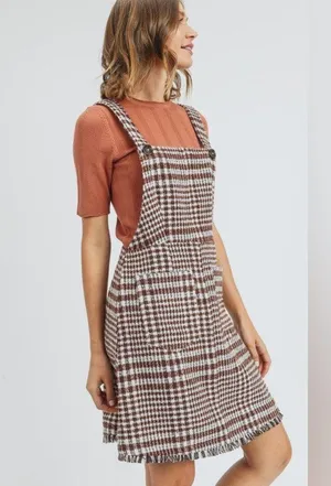 NWT Tea N Rose Brown and White Overall Houndstooth Pinafore Dress Raw Hem thumbnail 12