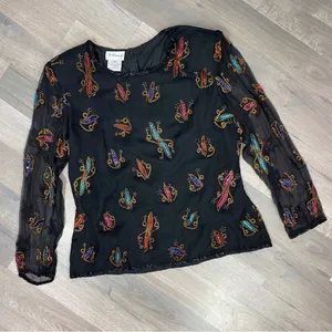 Stenay Vintage Sequin‎ Beaded Silk Blouse Black Multi XL thumbnail 13