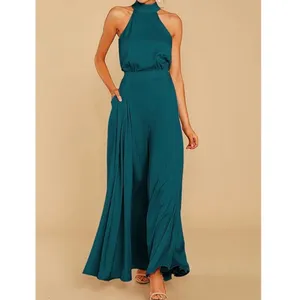 NEW Satin Sleeveless Halter Jumpsuit Pockets Wide Leg L thumbnail 6