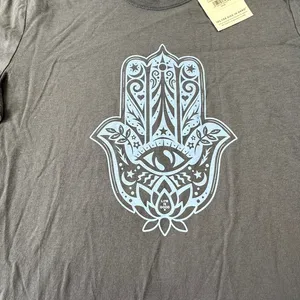 Life is Good Casual Hamsa Lotus Graphic Tee Dusty‎ Blue Gray Cotton Shirt NWT thumbnail 2