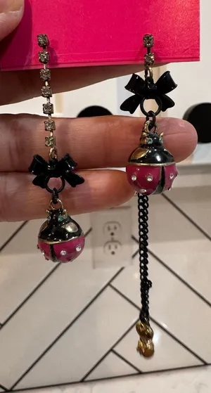 Betsey Johnson Ladybug Earrings crystal post stud black bows pink ladybug dangle thumbnail 1