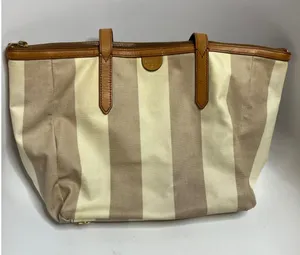 Fossil striped Sydney shopper Tote Bag Womens Large Tan Cream Striped Canvas thumbnail 1