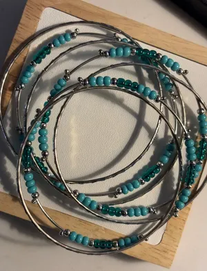 Silver & Turquoise Beaded Bangle Bracelets Set Of 6 thumbnail 1