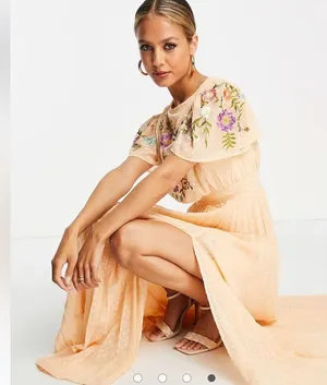ASOS Women’s Floral Embroidered Cowl Neck Swiss Dot Pleated Maxi Dress Slit 8T thumbnail 11