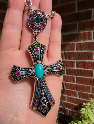 Turquoise Garnet Cross Necklace 16” thumbnail 7