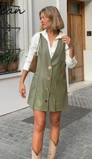 ZARA Mini PINAFORE FAUX LEATHER A-LINE V-Neck DRESS W/ BUTTONS Green SIZE S NEW thumbnail 4