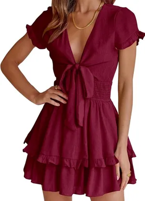Pretty Garden Tie Front Ruffle Dress Maroon Large thumbnail 1
