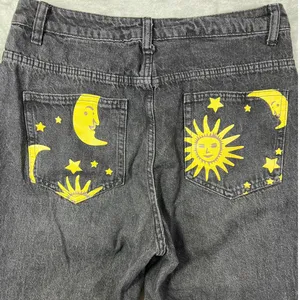Womens M Graphic Yellow Sun Moon Stars Denim Black Straight Jeans Boho thumbnail 7