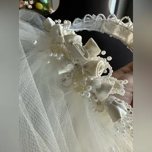 Vintage 90s rose floral crown pearl tulle layered wedding bridal veil thumbnail 11