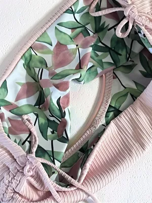 CUPSHE Reversible Ribbed Bikini Set Size S Peach & Leaf Print thumbnail 10