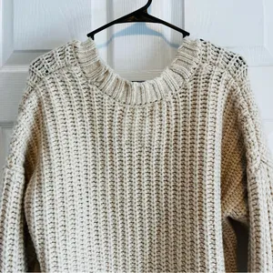 Aerie Cream Chunky Knit Crew Neck Sweater XS Oversized thumbnail 11