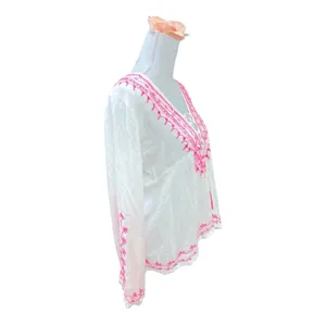 VINTAGE HAVANA WHITE AND NEON PINK EMBROIDERED GYPSY TUNIC TOP size M thumbnail 2