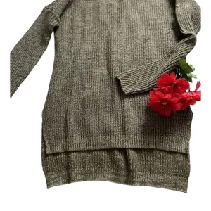Women's Olive Green Knit Sweater Dress M Cotton Blend Long Sleeve High Low Hem thumbnail 3