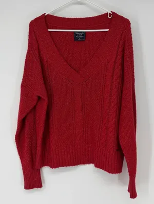 Abercrombie Fitch Red V Neck Cable Knit Sweater Women's Size XL‎ Preppy Y2K thumbnail 1