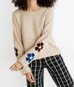 NEW Madewell Belmore Floral-Sleeve Pullover Sweater in Coziest Textured Yarn thumbnail 1