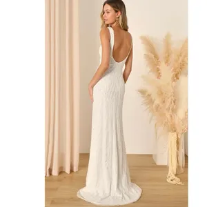 Lulus Glamourous Ever After White Sequin Beaded Backless Maxi Dress Medium Bride thumbnail 2