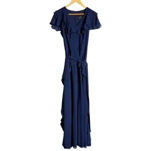 Shani Navy Blue Ruffle Trim V-Neck Flutter Sleeve Formal Evening Maxi Dress 6 thumbnail 4