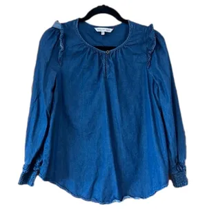 Willow Drive Chambray Blue Denim Ruffle Shirt Small thumbnail 1