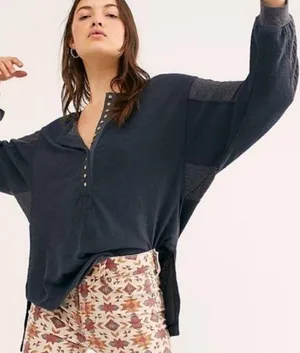 Free People BACK AT IT BOHO COTTON HENLEY TOP 2-TONE BLACK CHARCOAL Size Large thumbnail 1