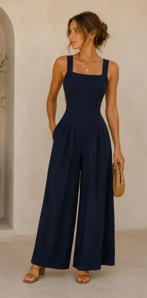 Showpo Navy Blue Wide Leg Cropped Sleeveless Open Back Cropped Jumpsuit 4 thumbnail 1