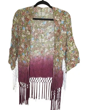 BKE Gimmicks Boho Hippie Floral Kimono Cardigan Fringe Ombre Sheer‎ Festival M thumbnail 1