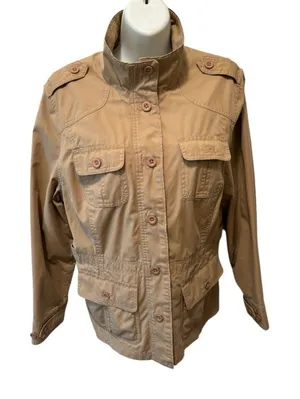 L.L. Bean Women’s Utility Chic Cargo Jacket Sz M-Reg Beige Pockets Military thumbnail 1