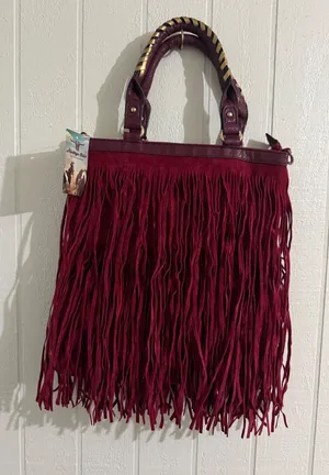 Heritage West Western Handbag Burgundy Fringe Tote Bag Gold Whipstitch New thumbnail 1