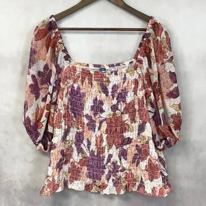 Old Navy Smocked Puff Sleeve Floral Top Women XXL Stretch‎ Flowy Cottage Boho thumbnail 12