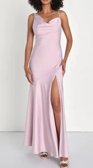 Lulus Impressive Energy Blush Pink Satin Asymmetrical Maxi Dress thumbnail 1