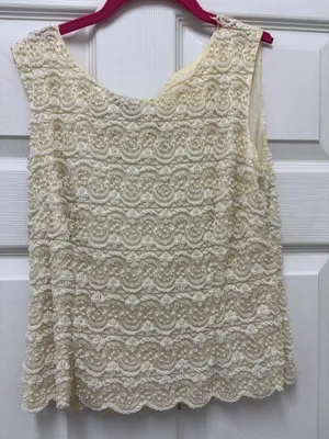 Vintage 1960s Regalia Imports Beaded Silk Lace Top Sleeveless Shell Cream S thumbnail 2