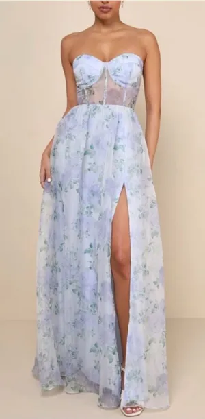 Lulu's Pastel periwinkle Floral Strapless Chiffon Maxi wedding guest Dress small thumbnail 1