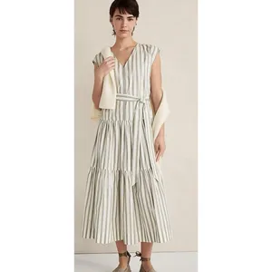 Haven Well Within Organic Cotton Poplin Stripe Tiered‎ Midi Dress Size Large thumbnail 3