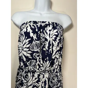 Lilly Pulitzer Maxi Dress Navy Blue Shell Coral Print Strapless Classic Small thumbnail 3