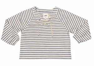 NEW With Tag Aerie Blue & White Stripe Terry Cloth Lace Up Pullover Sweatshirt thumbnail 1