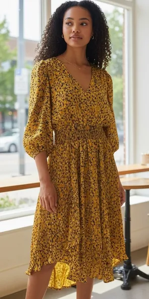 By Anthropologie Metallic Leopard Pleated Midi Dress Smocked Waist Gold XS thumbnail 1