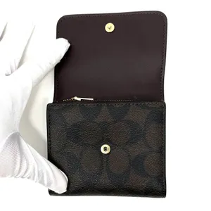 Coach Small Trifold Wallet In Blocked Signature Canvas Brown Black Leather CE930 thumbnail 4