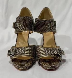 Christian Louboutin Roccia Python Double Buckle Metallic Pin Heel Sandals 39 thumbnail 1