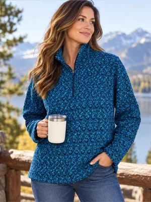 Lands End Women’s XL 18 Blue Teal Geometric Fleece Quarter Zip Pullover Gorpcore thumbnail 1