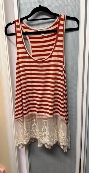 Umgee Red and White Striped Racerback Tank Top with Embroidered Lace Hem thumbnail 1