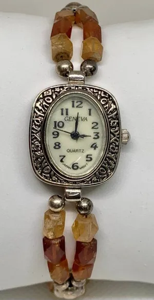 Vintage Geneva women watch 20mm quartz mop dial SilverTone brown 7.5” running thumbnail 1