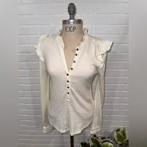 Anthropologie Pilcro Cream Ruffle-Shoulder Henley Long-Sleeve Top thumbnail 5