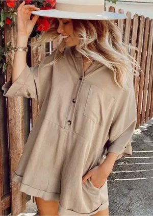 Show Me Your Mumu Horton Romper Sz L Boho Chic Western Minimalist Coastal Khaki thumbnail 1